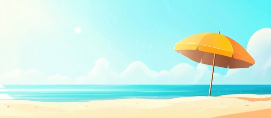 Beach scene with yellow umbrella under blue sky and calm ocean Copy Space