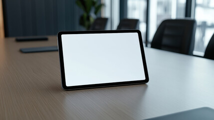 Fototapeta premium blank tablet screen on slim steel table in modern office setting, surrounded by chairs, creates professional atmosphere