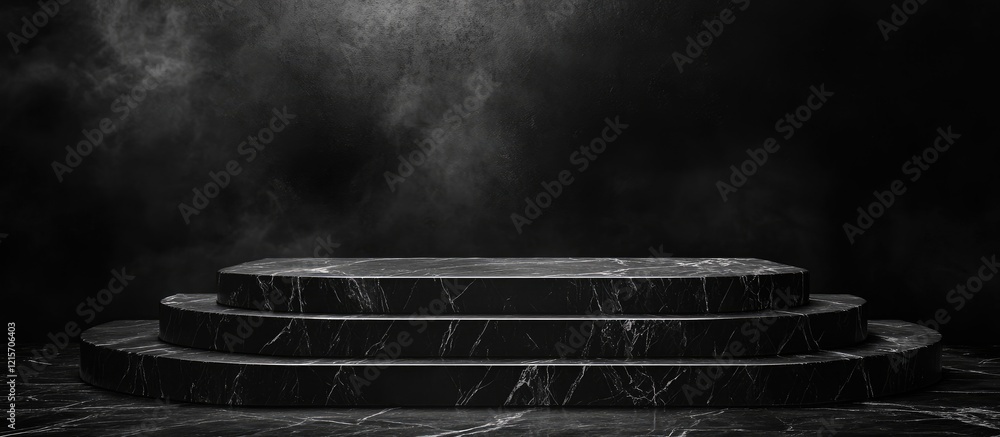 Poster black marble pedestal with smoke background designed for product display and copy space for text pla
