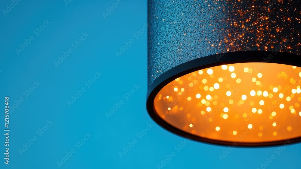 Poster glowing cylindrical lamp with a glittering finish hanging against a clear blue sky creating a serene