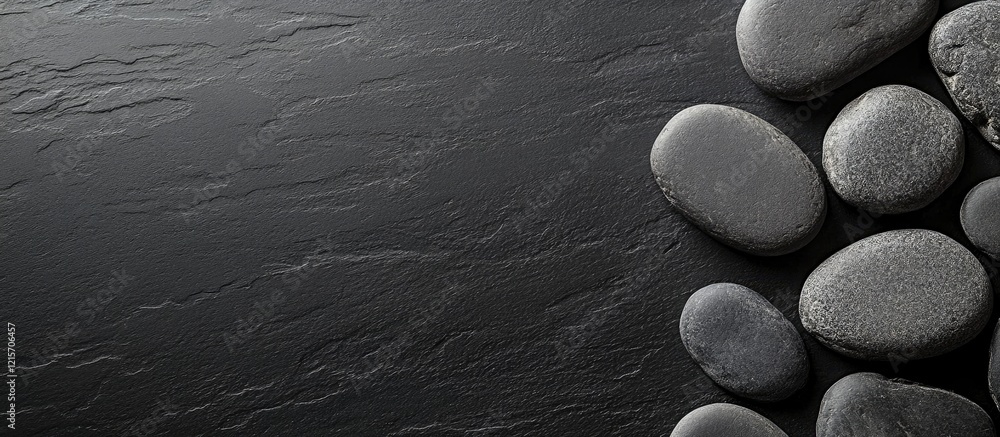 Poster black slate texture background with smooth gray pebbles arranged along one edge and ample copy space
