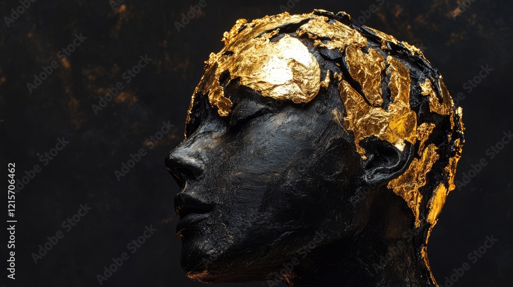 Poster surreal black and gold ai brain sculpture with empty space for text in dark artistic background
