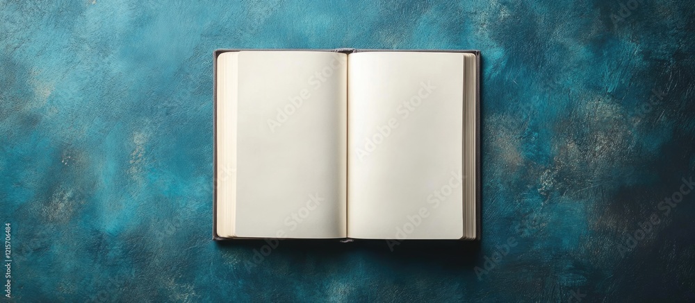 Poster open blank book on a textured blue background with copy space for text or design elements