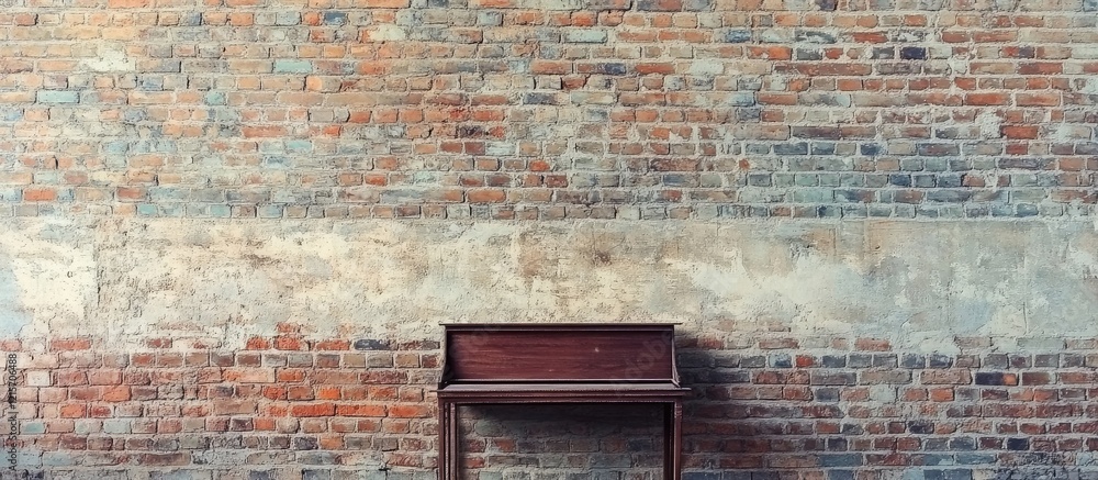 Poster old weathered brick wall with rustic wooden table in front and ample copy space suitable for various