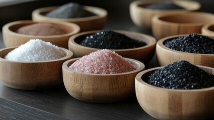 Assorted gourmet salts displayed in wooden bowls including pink salt sea salt and black salt for culinary use and presentation