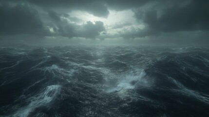 Dramatic ocean scene with turbulent waves and dark stormy clouds illuminated by distant sunlight
