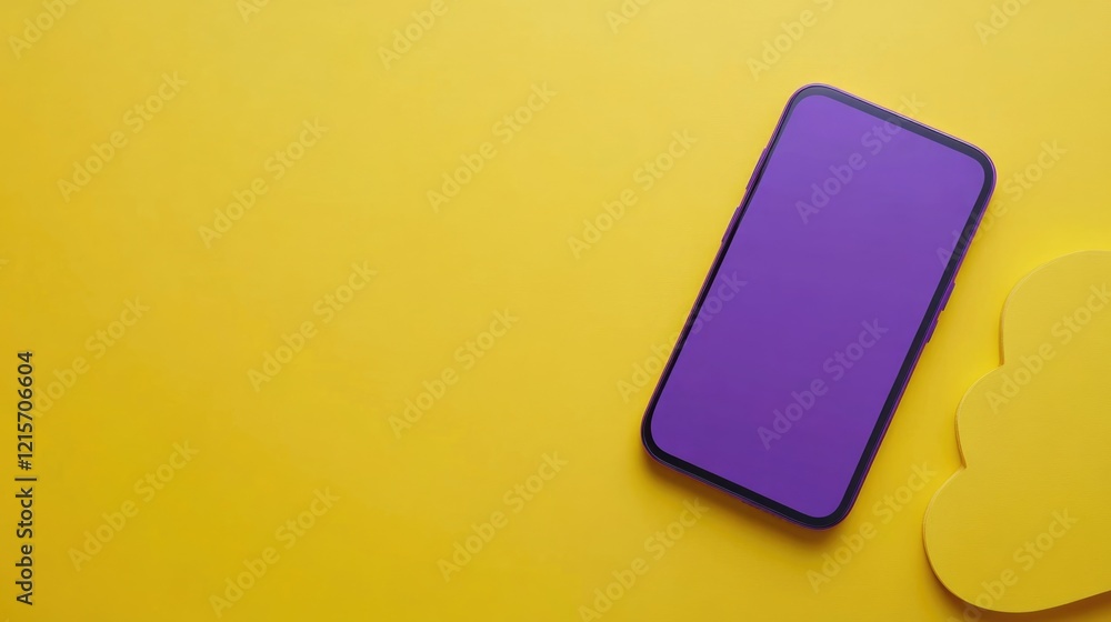 Poster stylish smartphone mockup with glossy purple display and empty text bubble on vibrant yellow backgro