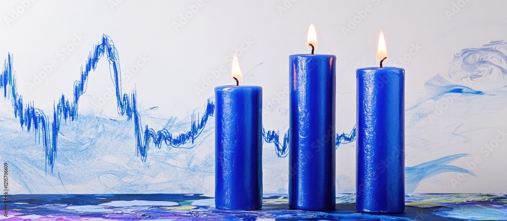Poster blue candles on a colorful abstract background with flame details and copy space for text placement.