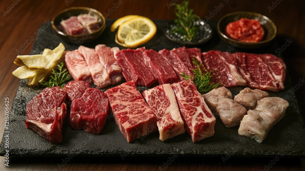 Poster assorted high-quality raw meat selection with beef chicken pork and lamb on a slate board ready for 