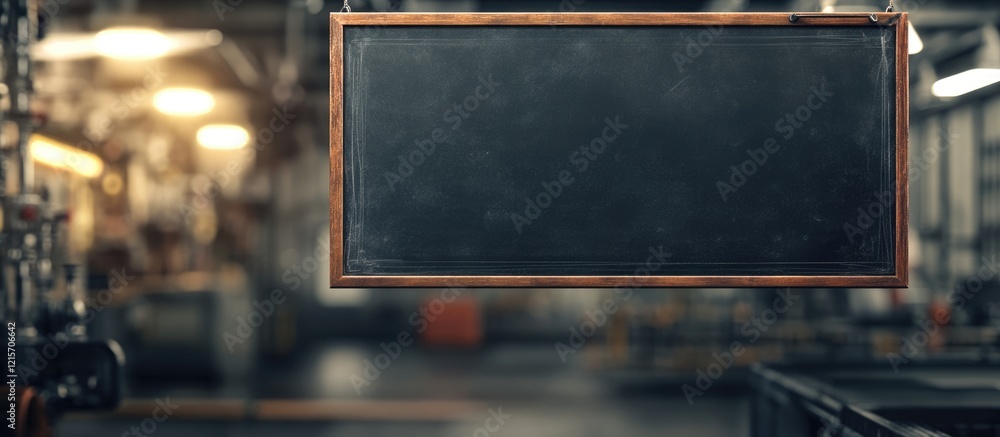 Poster industrial chalkboard in a factory setting with blurred background and ample copy space for text pla