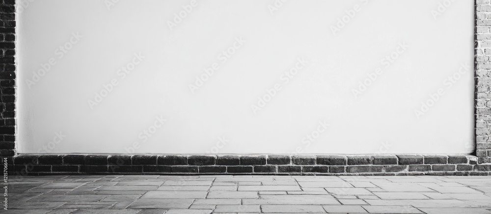 Poster empty white wall with textured brick base and tiled floor providing ample copy space for text or des