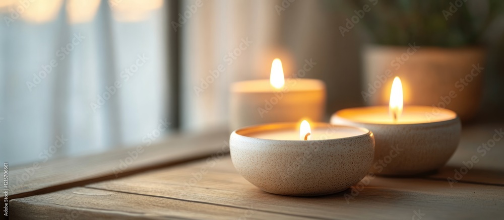 Aufkleber set of three burning candles in round holders on wooden table with blurred window in background and 