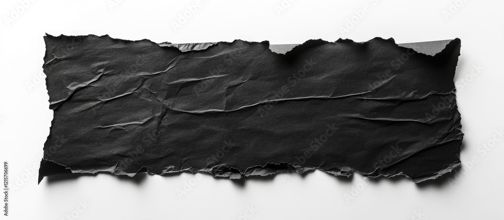 Poster crumpled black paper texture with irregular edges on white background featuring ample copy space for