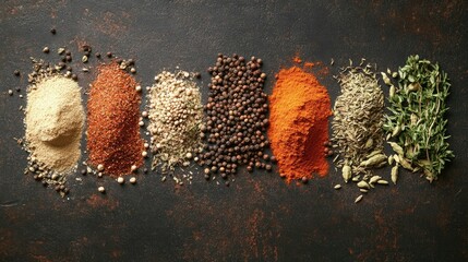Assorted spices and herbs displayed on a dark rustic background with ample copy space for culinary-themed projects and designs