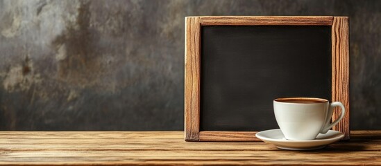 Wooden frame with empty blackboard and coffee cup on wooden table with textured background Copy Space