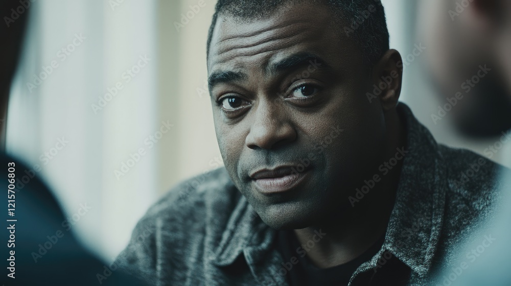 Poster professional african american man engaging in discussion with colleagues in meeting setting with amp