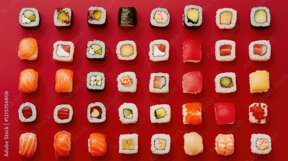 Poster assorted sushi rolls arranged elegantly on a vibrant red background showcasing a top view flat lay w