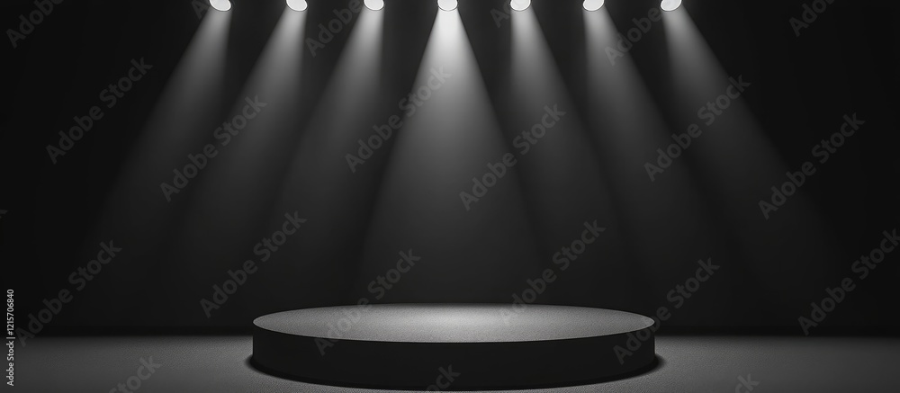 Poster empty stage with circular podium illuminated by five spotlights against a dark background with copy 