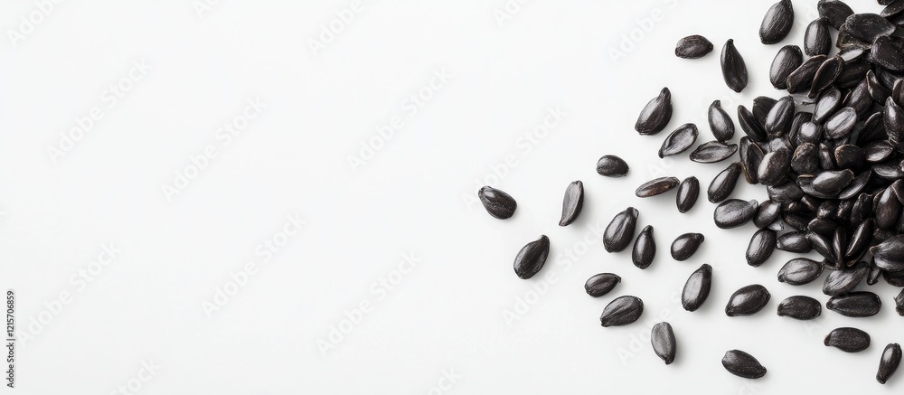 Poster black sesame seeds scattered on clean white background with ample copy space for text or design elem