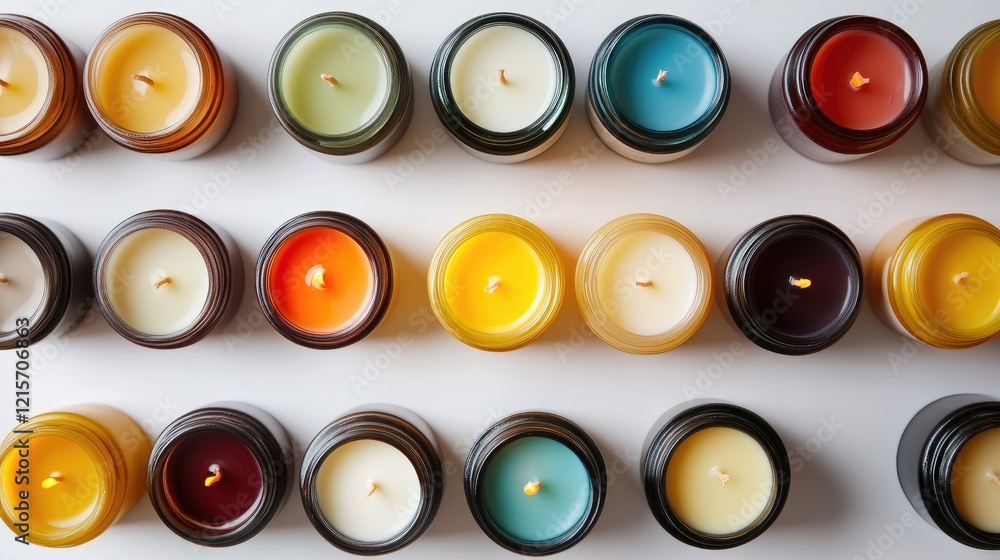 Poster assorted colorful soy candles in jars arranged neatly on a white background for home decor and aroma