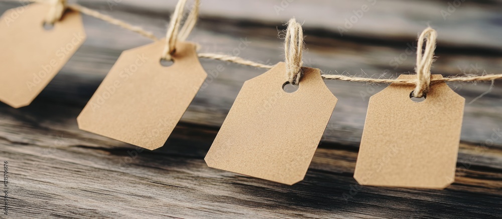 Poster blank brown paper tags on a string against a rustic wooden background with copy space for text or br
