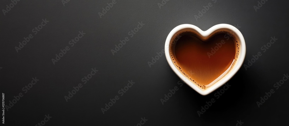 Poster heart-shaped cup with coffee on a dark background with copy space for text placement
