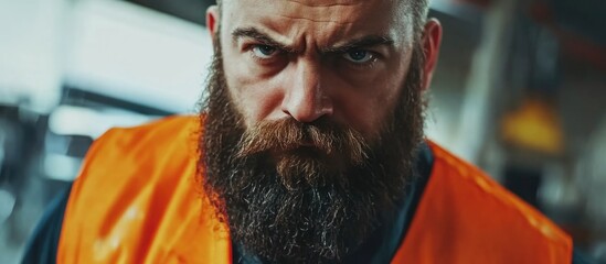 Bearded man wearing orange vest with intense expression in industrial setting Copy Space