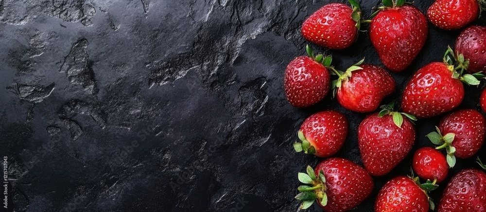 Poster fresh ripe strawberries on a dark textured background with copy space for text placement