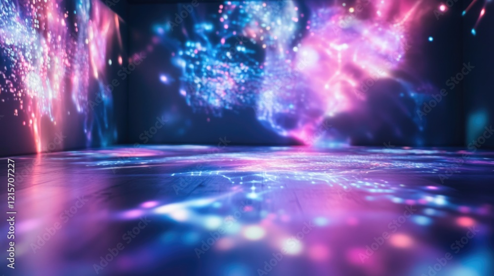 Poster futuristic ai neural network visuals on holographic floor with vibrant light effects and copyspace f