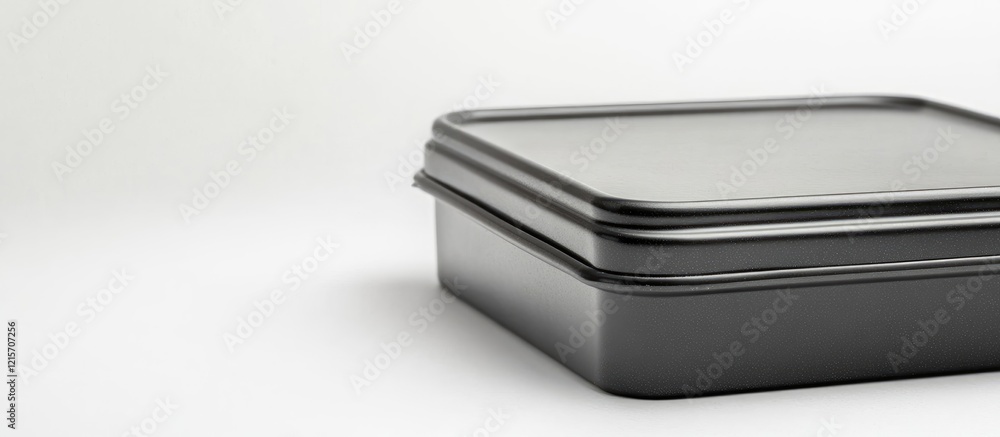 Poster black square tin container with lid on a white background featuring copy space.