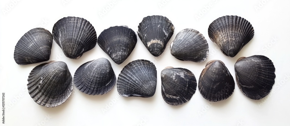 Poster black sea shells arranged in a horizontal line on white background with ample copy space for text in