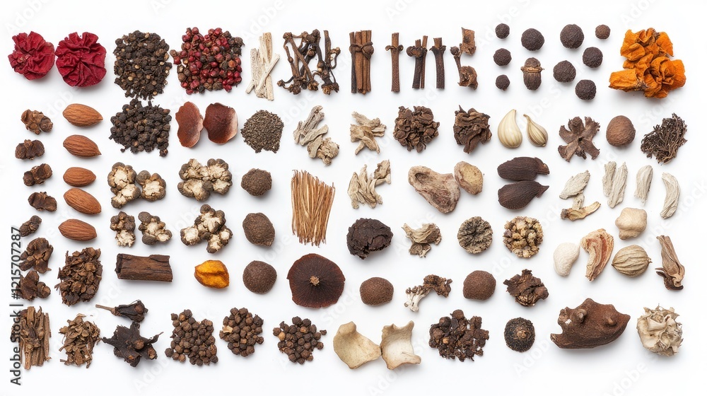 Poster colorful array of dried spices and herbs displayed on a white background from above
