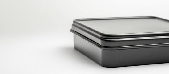 Black square tin container with lid on a white background featuring copy space.