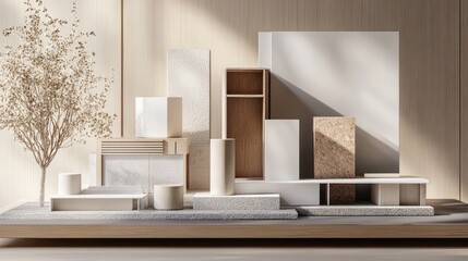 Architectural dioramas showcasing diverse materials and products with designated space for text placement in a modern interior setting