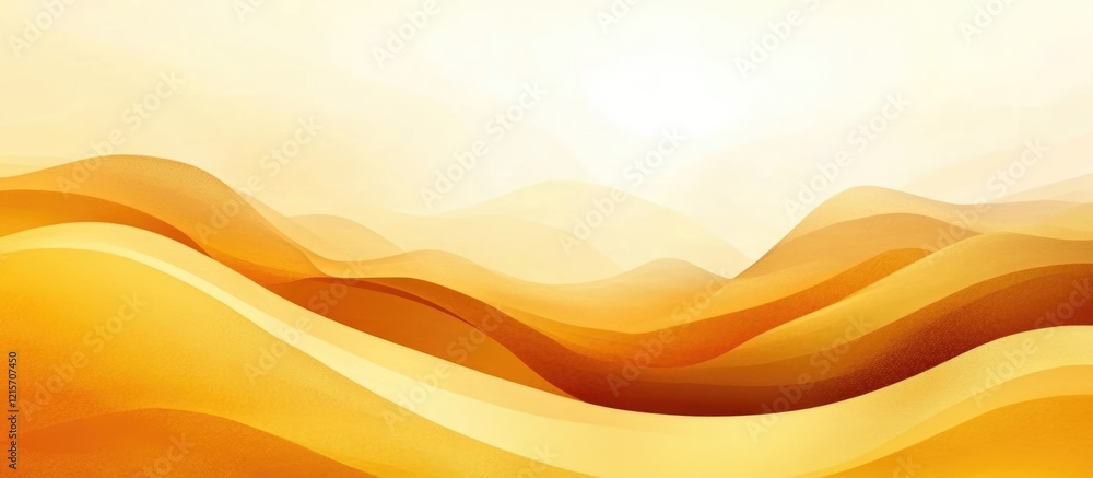 Poster abstract landscape with flowing golden waves and soft gradients against a light background with copy