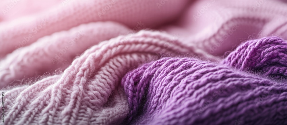 Poster Close-up of soft pink and purple knitted fabric textures with intricate patterns and Copy Space for text placement