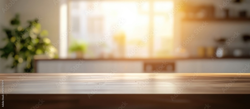Poster kitchen countertop with sunlight streaming through windows creating a warm atmosphere and copy space