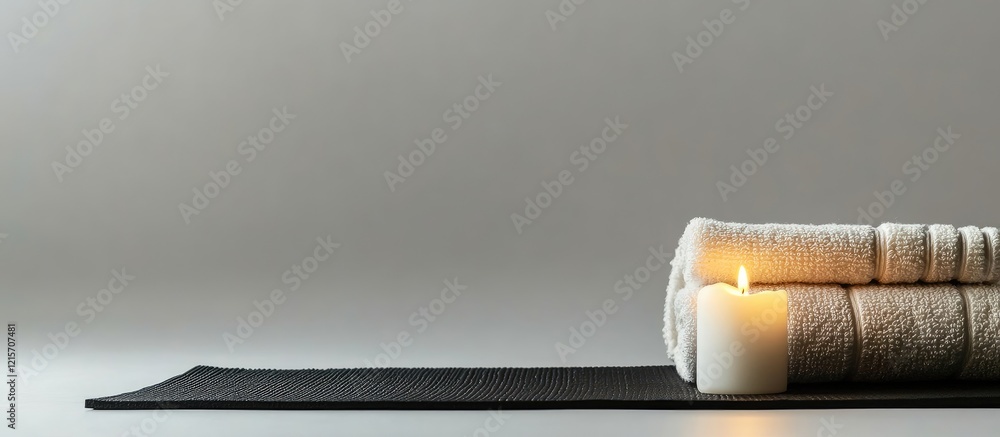Poster spa setting with rolled white towels and lit candles on a gray background with copy space for text p