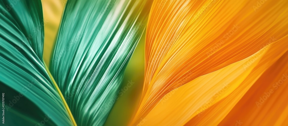 Poster colorful abstract close-up of green and orange leaf textures with smooth gradients and copy space.