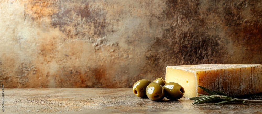 Poster cheese block with green olives on textured surface against rustic background copy space