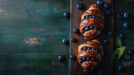 Chocolate cream croissants with blueberries on rustic dark green wooden table top view selective focus with empty space for text