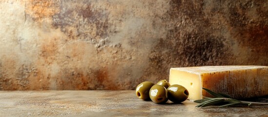 Cheese block with green olives on textured surface against rustic background Copy Space