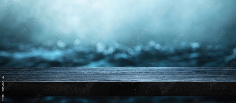 Poster dark ocean waves background with wooden surface and copy space for text placement