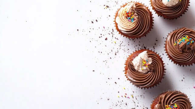 Chocolate and vanilla cupcakes with icing and sprinkles on a white background perfect for dessert promotions and festive baking themes