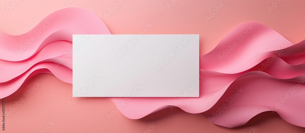 Poster blank white card on soft flowing pink waves background with ample copy space for text or designs.