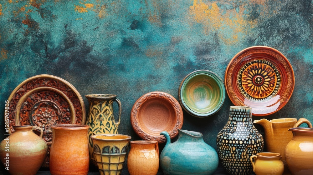 Poster artisan boutique colorful pottery collection on textured background with empty space for creative te