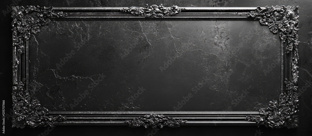 Poster ornate vintage black frame on dark textured background with ample copy space for text placement