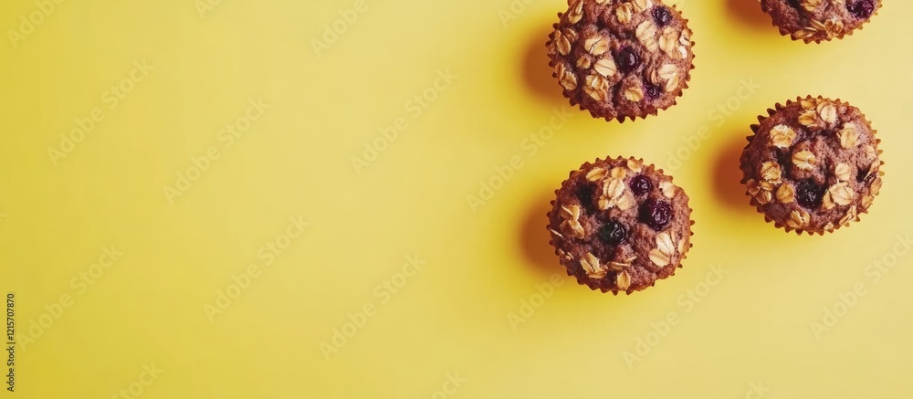 Poster muffins topped with nuts and raisins on a bright yellow background with copy space for text placemen