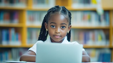 Young Girl Focused on Laptop in Library