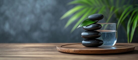 Stacked black stones with a green leaf on top, glass of water on a wooden tray, blurred green plant in background, Copy Space.